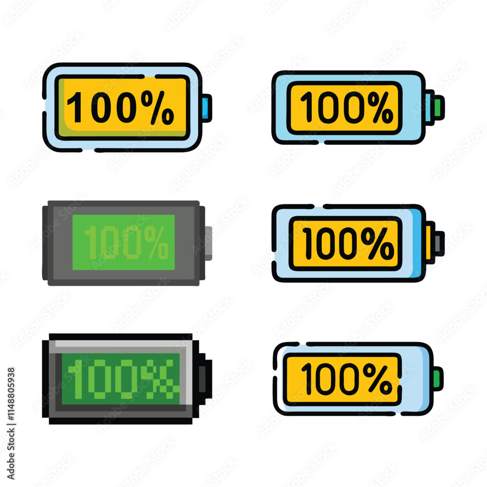Colorful Battery Icons Showing 100% Charge Colorful Battery Icons Showing 100% Charge