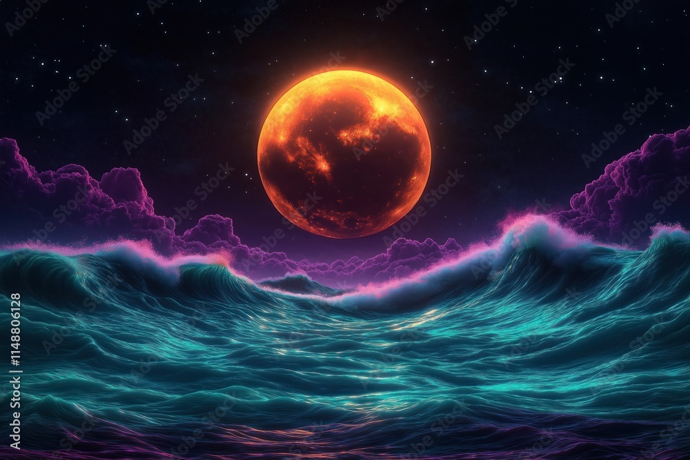 Obraz premium Surreal cosmic landscape features vibrant teal, magenta waves under glowing large moon. Starry night sky, colorful clouds. Futuristic, dreamy aesthetic. Vivid colors create unique, atmospheric scene.
