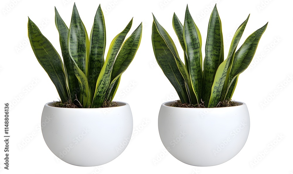 Two potted snake plants in white pots against a white background. Two potted snake plants in white pots against a white background.