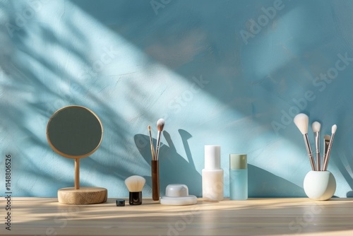 A light wooden table with various makeup products and tools arranged on it, set against an abstract blue wall background