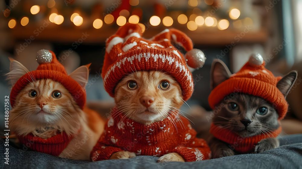 Fototapeta premium Pet-Friendly New Year Celebration: Families with Dogs in Party Hats and Cats Playing with Festive Decorations