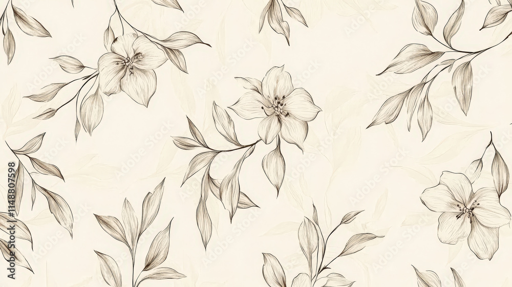 Obraz premium A delicate pattern featuring hand-drawn flowers and leaves on a light cream background, showcasing an artistic and organic design that evokes a sense of nature and creativity.