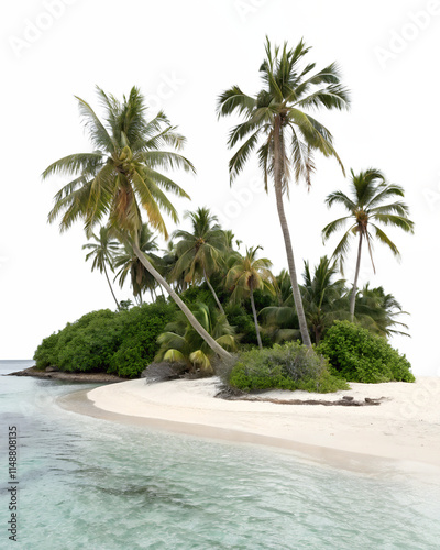  Isolated tropical island with tall palm trees and lush vegetation against a white background. Palm trees are bent by the wind, creating a sense of movement and freshness.
