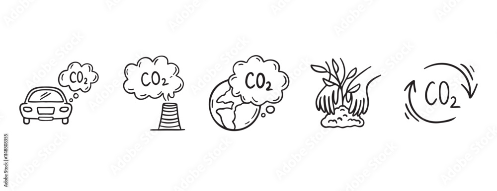 Carbon dioxide CO2 earth air pollution doodle hand drawn icon. Outline drawing CO2 line clipart symbol. Factory emission gas sketch vector illustration Carbon dioxide CO2 earth air pollution doodle hand drawn icon. Outline drawing CO2 line clipart symbol. Factory emission gas sketch vector illustration