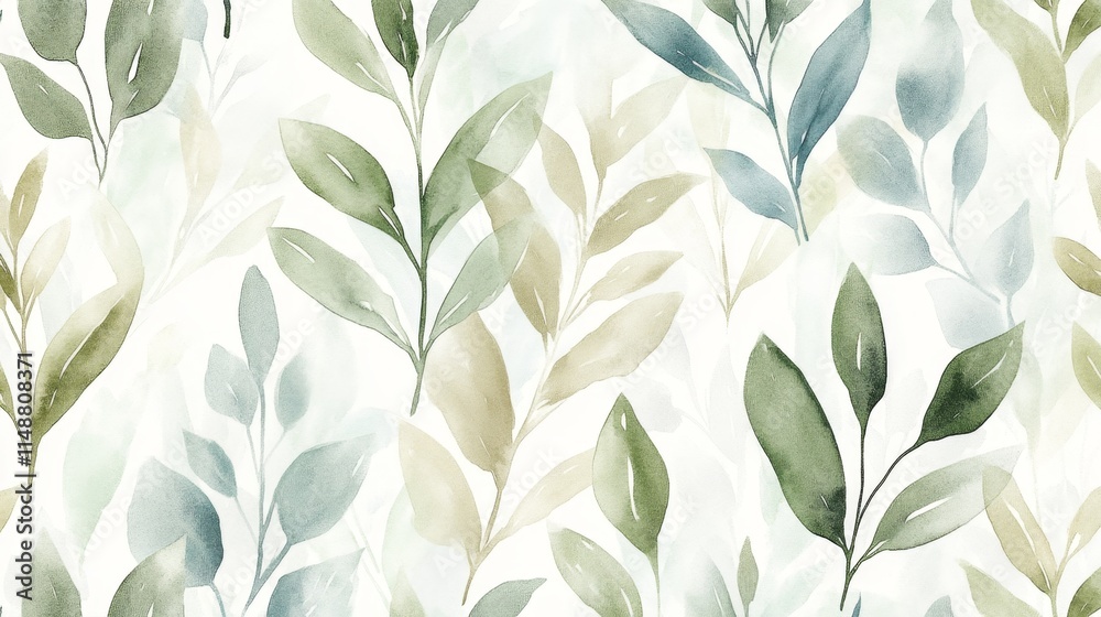 Nature inspired leaf pattern digital artwork serene green tones watercolor style abstract design