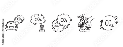 Carbon dioxide CO2 earth air pollution doodle hand drawn icon. Outline drawing CO2 line clipart symbol. Factory emission gas sketch vector illustration