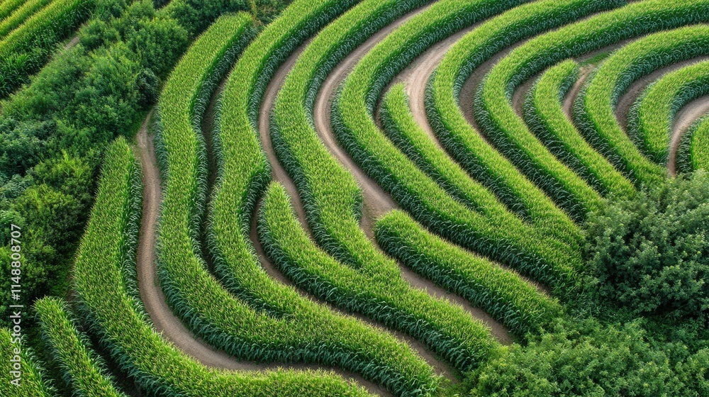 Aerial view of curvy crop rows in a field. Aerial view of curvy crop rows in a field.