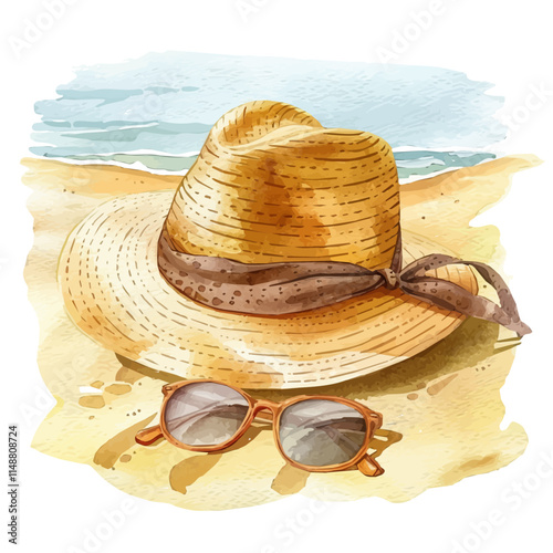 A watercolor vector of a sunhat and sunglasses on the beach, isolated on a white background. Beach accessories vector.
