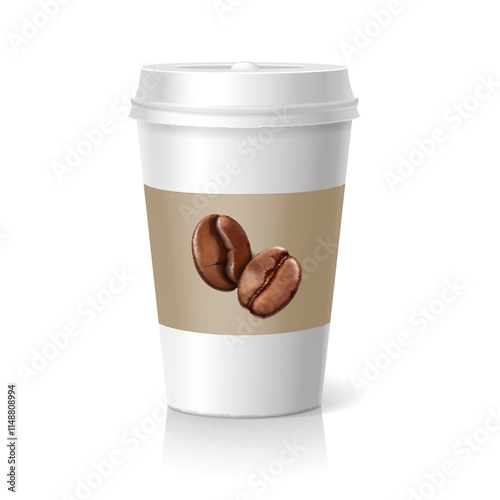 White paper coffee cup template isolated on white background. Cardboard and plastic package with lids and coffee beans illustration. Cappuccino mug Vector illustration.