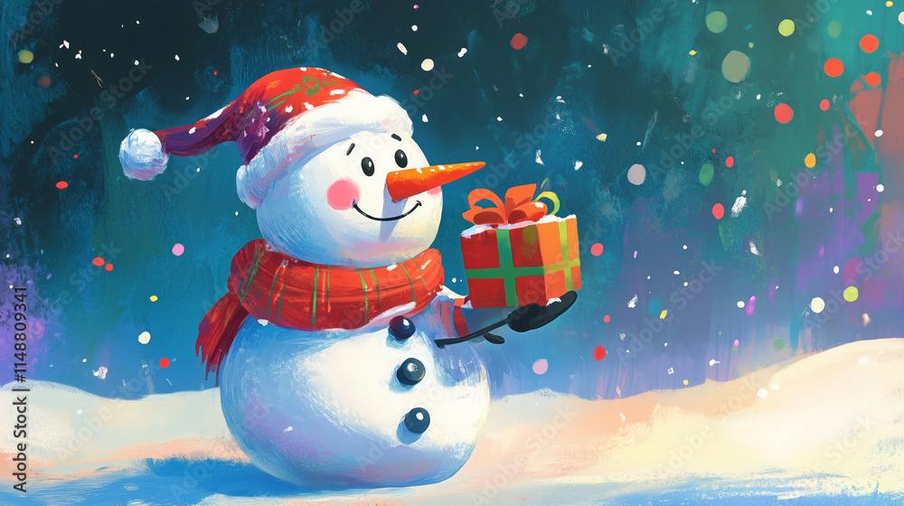 Fototapeta premium Playful snowman giving a gift, snowy backdrop, and bold, joyful Christmas text in vibrant-1 colors
