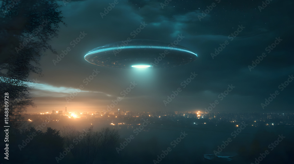 Mysterious UFO Hovering Over a City at Night with Bright Lights Mysterious UFO Hovering Over a City at Night with Bright Lights