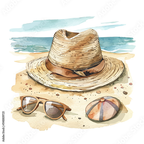 A watercolor vector of a sunhat and sunglasses on the beach, isolated on a white background. Beach accessories vector.
