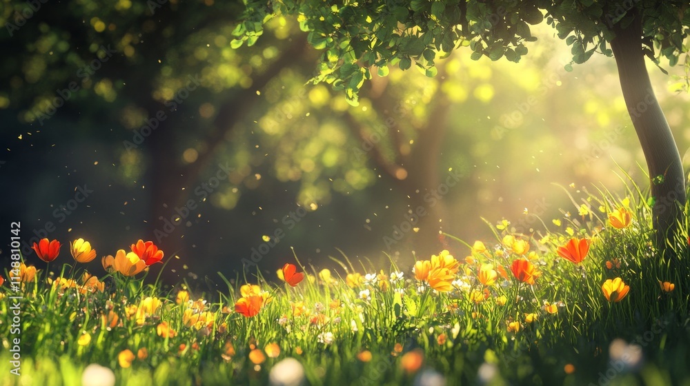 Fototapeta premium Vibrant spring flowers blooming in a sunlit meadow nature photography lush green environment captivating scene