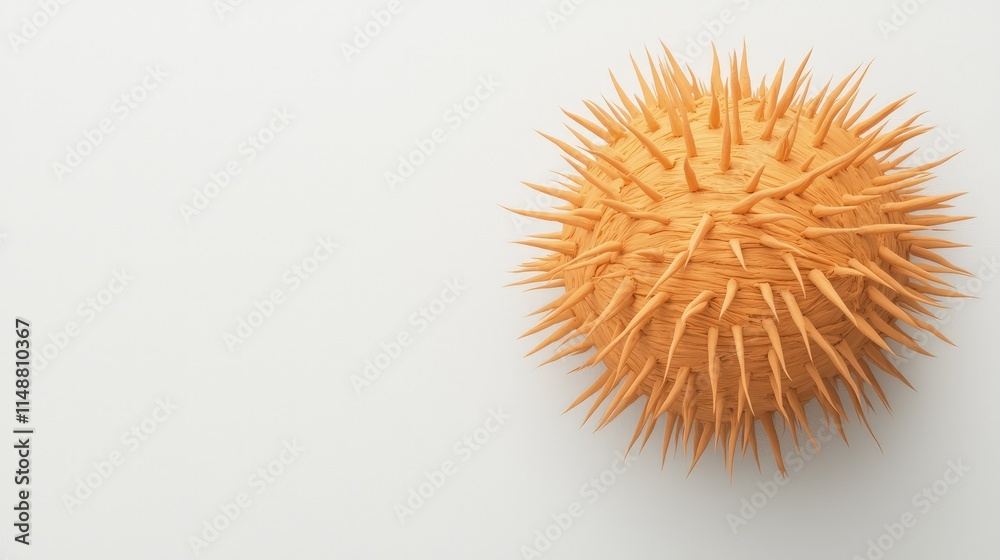 Obraz premium Spiky orange sphere made of toothpicks representing a virus model isolated on a white background with copy space.