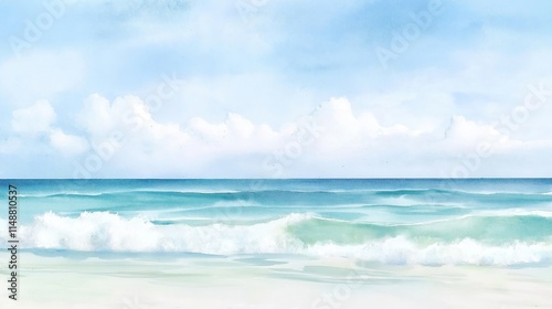 Tranquil ocean waves gently crash on sandy shore under serene sky. Soft pastel colors create peaceful, relaxing seascape. Artwork evokes sense of calm, summer vacation. Watercolor style adds unique