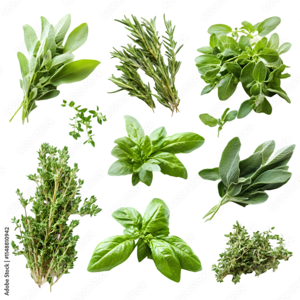 Fototapeta premium Fresh Culinary Herbs Basil Thyme Rosemary Sage Oregano Collection