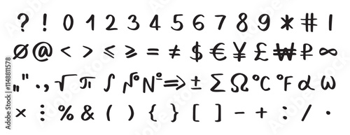 Scribble black special math symbols, numbers and signs. Symbols are handwritten characters from the keyboard