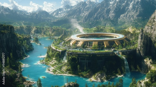 Futuristic City Nestled in a Mountain Valley Oasis