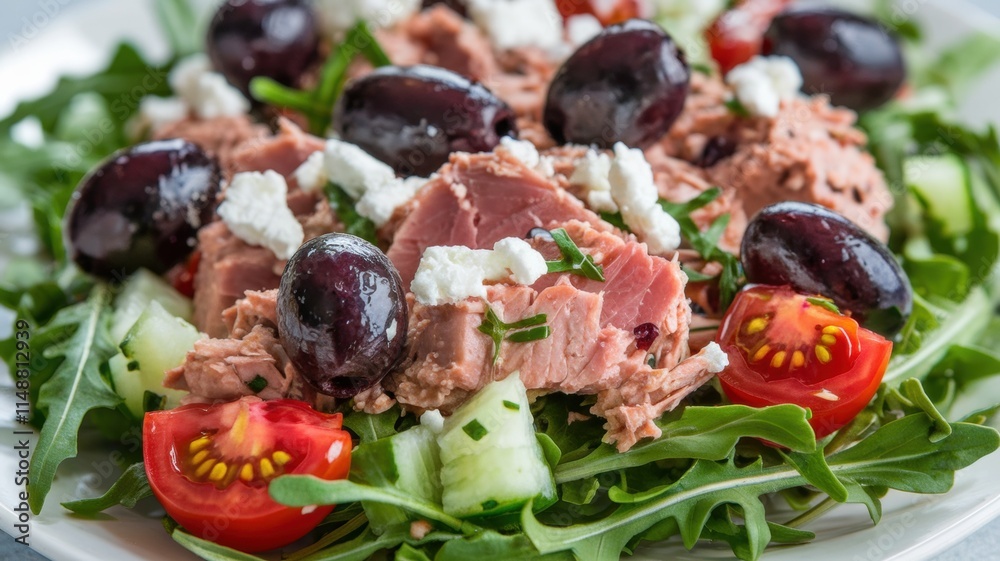 Mediterranean-style tuna salad with tuna slices, kalamata olives, cucumbers, cherry tomatoes and feta crumbs on a pillow of arugula. Mediterranean-style tuna salad with tuna slices, kalamata olives, cucumbers, cherry tomatoes and feta crumbs on a pillow of arugula.