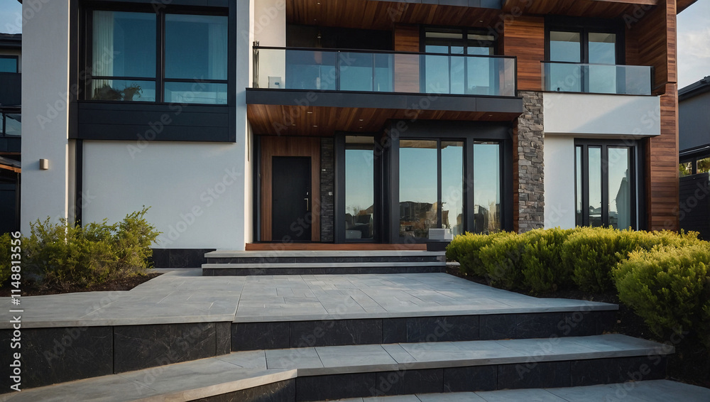 Fototapeta premium Modern home exterior featuring dark-framed windows, a stone and wood facade, a glass balcony, and multi-level stone steps leading to the entrance. Landscaping includes neatly trimmed shrubs.