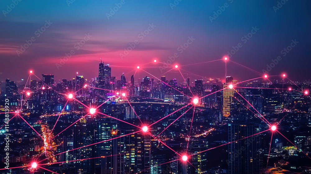 Digital Cityscape with Abstract Global Connection Network Digital Cityscape with Abstract Global Connection Network