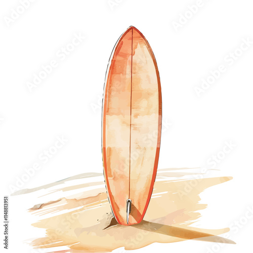 A watercolor vector of a surfboard leaning against a sand dune, isolated on a white background. Surfboard vector.

