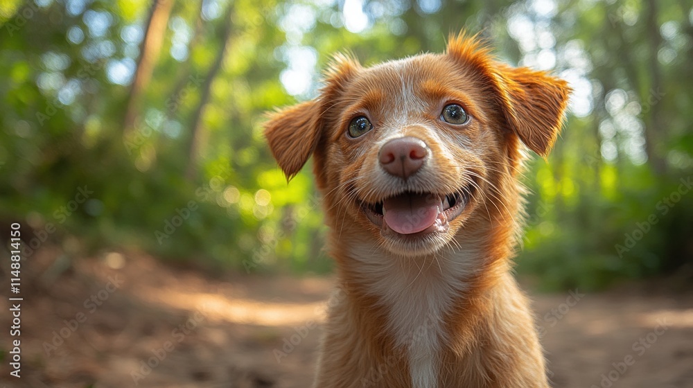 Obraz premium Happy puppy in forest walk with sunlight and greenery