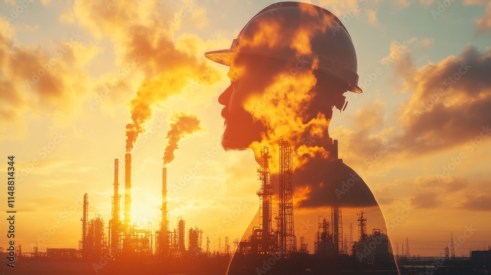 Fototapeta premium Industrial worker silhouette against sunset factory landscape photo urban side view environmental impact