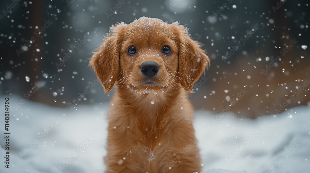 Golden retriever puppy enjoying first snowfall in winter wonderland Golden retriever puppy enjoying first snowfall in winter wonderland