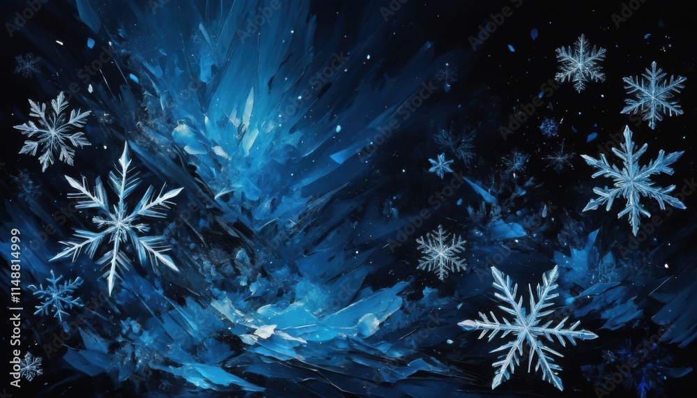 Fototapeta premium Illustration of white snowflakes over a vibrant blue and black abstract background evoking winter and creativity.