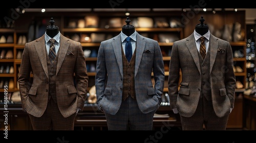 Stylish suits displayed on mannequins in boutique. Tailored classic tweed, plaid suits. Men fashion. Elegant menswear collection. Luxury shop interior. High-quality fabrics. Sophisticated design. photo