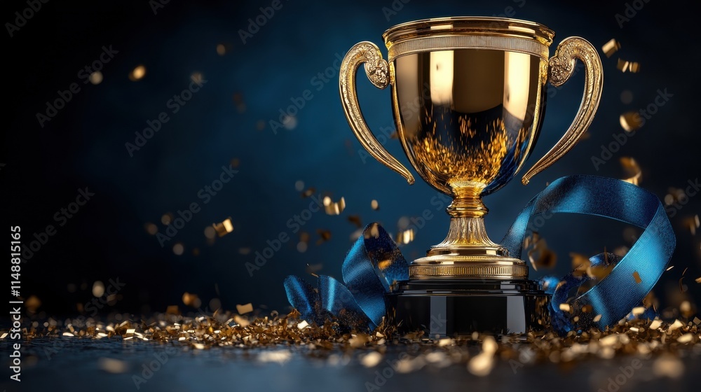 Golden trophy with blue ribbon surrounded by falling confetti on dark background Golden trophy with blue ribbon surrounded by falling confetti on dark background