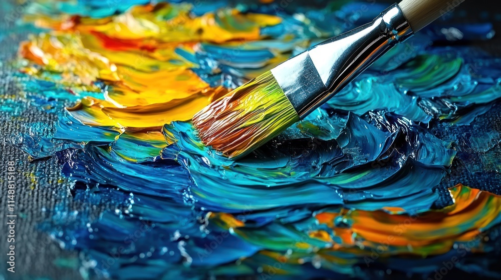 A close-up of a paintbrush mixing vibrant colors on a textured canvas. A close-up of a paintbrush mixing vibrant colors on a textured canvas.