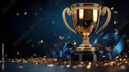 Golden trophy with blue ribbon surrounded by falling confetti on dark background