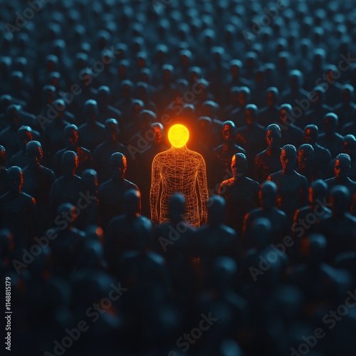 Unique digital identity: glowing figure standing out in networked crowd