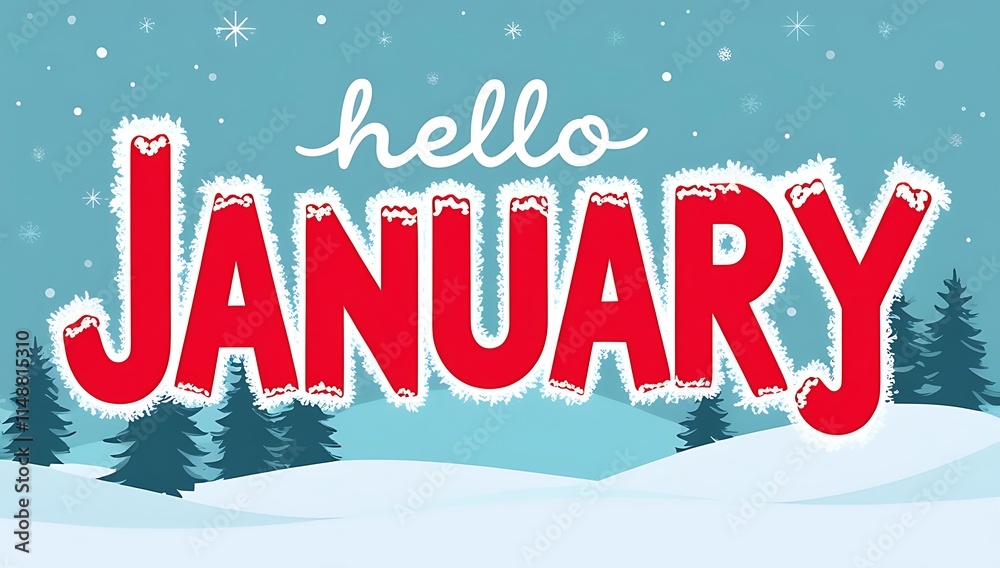 Fototapeta premium Hello January Snowy Winter Landscape Greeting