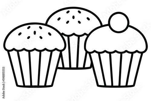 Three muffins line art vector illustration