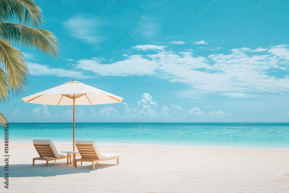 Empty beach scene with turquoise ocean, bright blue sky. White umbrella, two wooden beach chairs on white sand. Perfect for relaxation on sunny day. Tropical vacation destination with luxurious feel. Empty beach scene with turquoise ocean, bright blue sky. White umbrella, two wooden beach chairs on white sand. Perfect for relaxation on sunny day. Tropical vacation destination with luxurious feel.