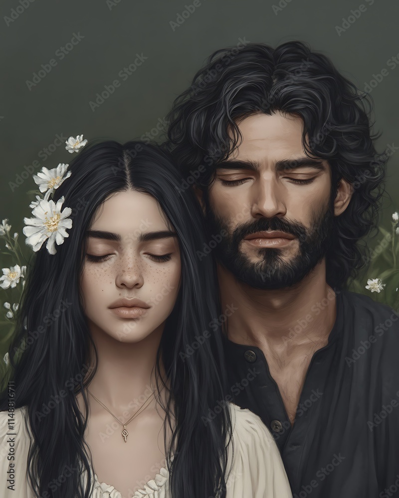 A serene portrait of a couple with closed eyes, surrounded by nature.