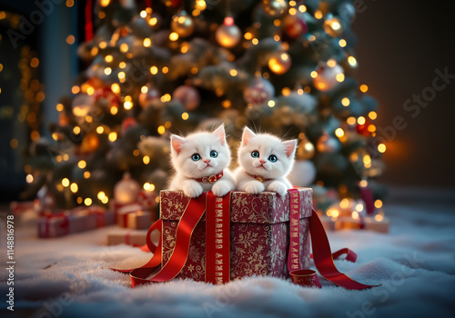 Two small kittens sitting in a gift box under the christmas tree with Merry Christmas wish