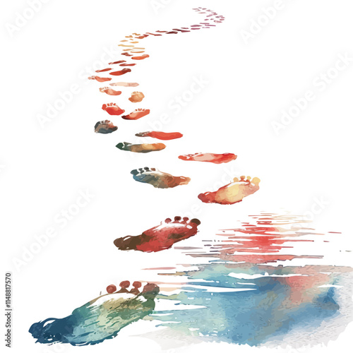 A watercolor vector of a trail of footprints leading to the water, isolated on a white background. Footprints vector.
