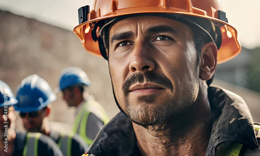 Construction Worker in Hard Hat Focuses on Task Construction Worker in Hard Hat Focuses on Task