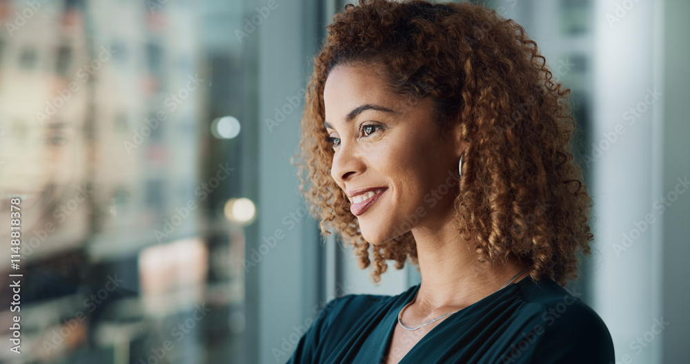 Woman, smile or thinking at window for business, future or planning for career development in office. Corporate, professional or reflection in firm for decision with opportunity for industry growth Woman, smile or thinking at window for business, future or planning for career development in office. Corporate, professional or reflection in firm for decision with opportunity for industry growth