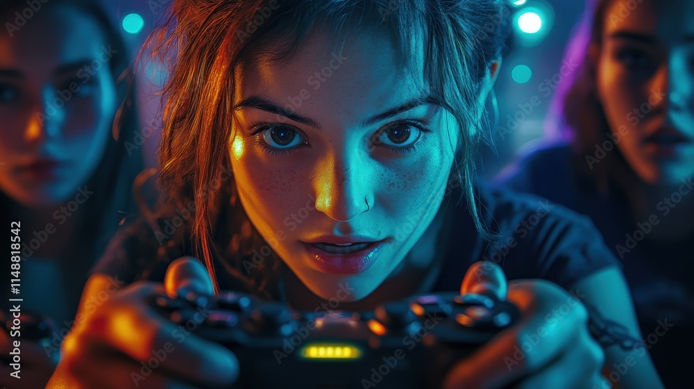 Dynamic scene of hands gripping a joystick, focused expressions on faces as players engage in an intense game. Dynamic scene of hands gripping a joystick, focused expressions on faces as players engage in an intense game.
