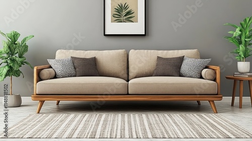 Minimalist living room with beige sofa, plants, and neutral decor. photo