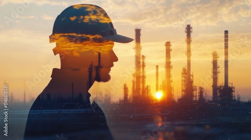Industrial worker silhouette at sunset over oil refinery environmental impact urban landscape inspirational view energy sector