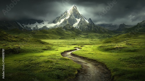 Majestic snow-capped mountain peak overlooking a lush green valley with a winding path. photo