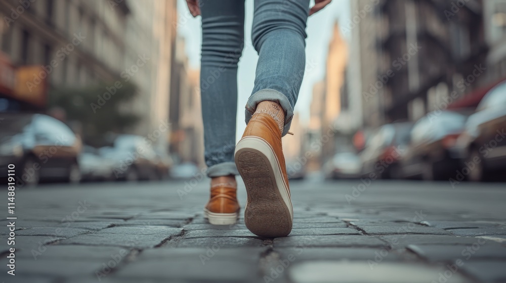 Dynamic street style shot of a person walking confidently in well-fitted jeans against an urban backdrop. Dynamic street style shot of a person walking confidently in well-fitted jeans against an urban backdrop.