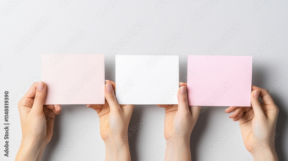 © kinara art design - Three hands hold blank pastel cards against a gray background. © kinara art design - Three hands hold blank pastel cards against a gray background.