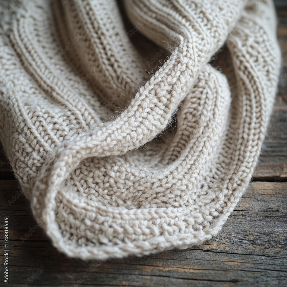 Fototapeta premium Soft knitted blanket folded on a wooden surface